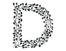 bloemen alfabet. vector geïsoleerd zwart en wit brief d versierd met elegant bladeren, schetsen stijl.