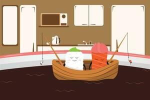 sushi vrienden of paar visvangst in soja saus. schattig sushi tekenfilm karakter vector ontwerp. kawaii voedsel karakter ontwerp. tekenfilm Japans voedsel. keuken achtergrond