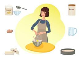 een vrouw bakt een taart. de gebakje chef beats de eieren met een garde. ingrediënten voor de taart. bakker hulpmiddelen. bakkerij en banketbakkerij vector illustratie