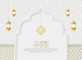 Islamitisch Arabisch elegant luxe sier- achtergrond met Islamitisch patroon en decoratief hangende lantaarn ornamenten vector