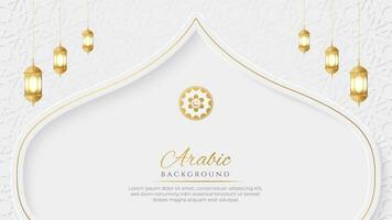 Islamitisch Arabisch elegant luxe sier- achtergrond met Islamitisch patroon en decoratief hangende lantaarn ornamenten vector