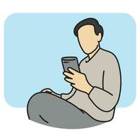 voor de helft lengte van Mens gebruik makend van smartphone met blauw blanco ruimte illustratie vector hand- getrokken geïsoleerd Aan wit achtergrond