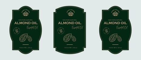 amandel olie etiket ontwerp kunstmatig producten etiket voor huid zorg en schoonheid, kruiden ingrediënten. amandel etiketten met schetsen, en pakket embleem. groen goud premie vector illustratie.