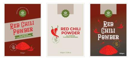 Chili poeder etiket reeks sjabloon rood chili poeder etui verpakking ontwerp, kruid etiket ontwerp paprika etiket illustratie vector