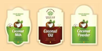 kokosnoot olie etiket ontwerp, maagd kokosnoot olie etiket illustratie set, kokosnoot melk etiket ontwerp, logo ontwerp, vector reeks van 3 kokosnoot Product etiket ontwerpen