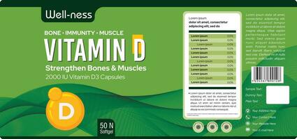 vitamine d etiket ontwerp supplement etiket ontwerp multivitaminen label, softgel ontwerp vector