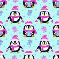 vector naadloos patroon met de beeld van pinguïns, cadeaus en sneeuwvlokken. naadloos vector het drukken Aan kinderen stoffen, behang, textiel, verpakking, ontwerp.