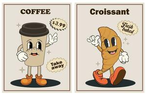 modieus tekenfilm retro poster met een kop van koffie en een croissant. wijnoogst uithangbord, restaurant, bar, cafe menu. grappig mascottes koffie en croissant. vector illustratie