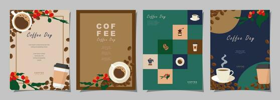 reeks van schetsen banners met koffie bonen en bladeren Aan kleurrijk achtergrond voor poster, menu, cafe of een ander sjabloon ontwerp. koffie dag. vector illustratie.