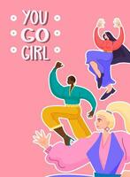 meisje macht en feministisch beweging concept. gelukkig Dames Internationale team. u Gaan meisje. sterk Dames springt. geslacht gelijkheid en machtiging. vrouwen dag. tekenfilm vector illustratie.