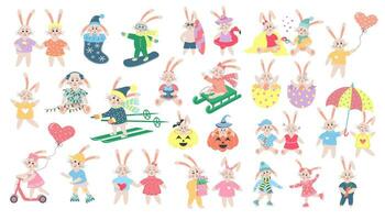 groot reeks van schattig konijnen. grappig jongen en meisje konijn in verschillend poses en kleren. tekenfilm Woud tekens verzameling. vector