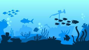 onderwater- landschap vector illustratie. bodem zee landschap met vis, koraal rif en schipbreuk. zee wereld silhouet voor achtergrond, behang of landen bladzijde. diep zee landschap vector achtergrond
