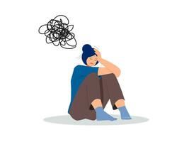 depressie, mentaal ziekte, ongelukkig vrouw zittend Aan verdieping met verstrikt gedachten in hoofd denken van zelfmoord. vrouw karakter nodig hebben psychologisch helpen. geest Gezondheid probleem. tekenfilm vector illustratie