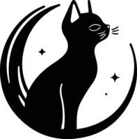 kat en maan logo in vlak lijn kunst stijl vector