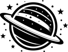 planeet met ringen logo in vlak lijn kunst stijl vector