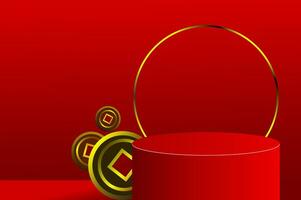 abstract 3d minimaal mockup tafereel. geometrie rood podium vorm met munt en gouden ring voor tonen Product Scherm naar vieren Chinese nieuw jaar. 3d vector met een Chinese patroon.