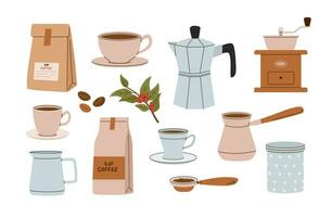 reeks van knus koffie Boon en accessoires. brouwen methoden. cappuccino beker, verpakking, Slijper, cezve, geiser, latte vector illustraties.