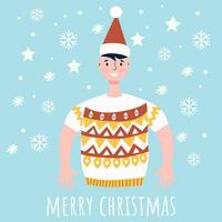 een Mens in een Kerstmis trui. vrolijk kerstmis. nieuw jaar achtergrond. voor het drukken Aan ansichtkaarten en andere gedrukt materialen. vakantie. vector