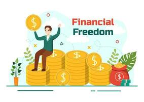 financieel vrijheid vector illustratie met munten en dollar naar opslaan geld, investering, elimineren schuld, onkosten en passief inkomen in vlak achtergrond