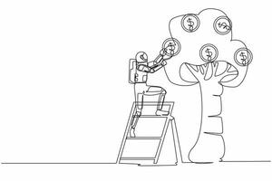 single doorlopend lijn tekening astronaut beklimmen ladder en plukken dollar munt van geld boom. oogsten ruimteschip investering. kosmonaut diep ruimte. een lijn trek grafisch ontwerp vector illustratie