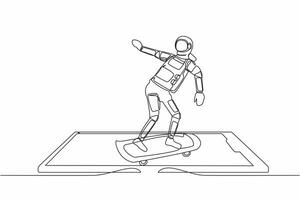 doorlopend een lijn tekening jong astronaut rijden skateboard Aan smartphone scherm. elegant mannetje schaatser in ruimtepak kleding. kosmonaut buitenste ruimte. single lijn trek grafisch ontwerp vector illustratie