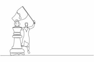 single doorlopend lijn tekening Arabisch zakenvrouw golvend vlag Aan koning schaak stuk metafoor van winnen wedstrijd. geslaagd ondernemerschap, doel prestatie. een lijn trek ontwerp vector illustratie