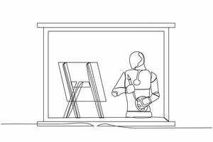 single doorlopend lijn tekening robot schilder tekening binnen- in de buurt venster, Holding verf borstel en palet, schetsen Aan canvas. toekomst technologie ontwikkeling. een lijn trek ontwerp vector illustratie