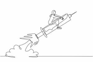 single doorlopend lijn tekening Arabisch zakenvrouw rijden injectiespuit raket vliegend in de lucht. vector