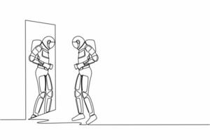 single doorlopend lijn tekening astronaut staand voorkant van spiegel en zien zichzelf krijgen groot buik en fix zijn riem. zwaarlijvigheid ruimtevaarder. kosmonaut diep ruimte. een lijn trek ontwerp vector illustratie