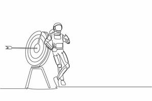 doorlopend een lijn tekening astronaut leunend Aan doelwit met duimen omhoog gebaar. gelukkig met geslaagd ruimteschip reis expeditie. kosmonaut buitenste ruimte. single lijn grafisch ontwerp vector illustratie