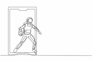 doorlopend een lijn tekening astronaut basketbal speler rennen en dribbelen met bal uit van smartphone scherm. online basketbal. kosmonaut buitenste ruimte. single lijn trek ontwerp vector illustratie