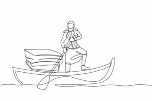 single doorlopend lijn tekening zakenvrouw het zeilen weg Aan boot met stack van papieren. bezig kantoor arbeider beheren documenten, papierwerk. overwerkt concept. een lijn grafisch ontwerp vector illustratie