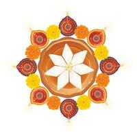 illustratie van brandend diya en goudsbloem bloemen met kaju katli Indisch zoet voor licht festival van Indië. diwali vakantie achtergrond vector
