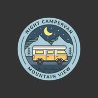 nacht berg en camper busje insigne monoline of lijn kunst stijl vector illustratie