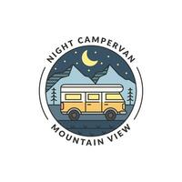 nacht berg en camper busje insigne monoline of lijn kunst stijl vector illustratie