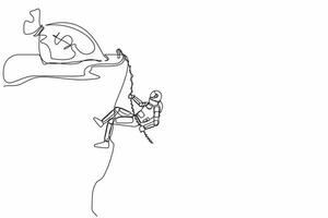 doorlopend een lijn tekening astronaut beklimming hoog klif gebruik makend van touw richting geld tas. moeilijkheid van vinden financiering voor lancering ruimteschip. kosmonaut buitenste ruimte. single lijn ontwerp vector illustratie