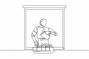 single een lijn tekening robot gieter bloemen Aan de balkon. huis groen tuin, huis planten groeien. robot kunstmatig intelligentie. technologie industrie. doorlopend lijn ontwerp vector illustratie