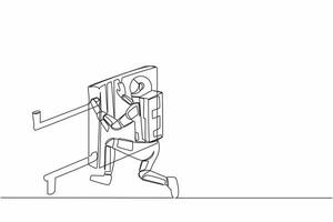 single een lijn tekening jong astronaut reparatie en installatie batterijen kachel radiator. vermogen naar reparatie in werking systeem. kosmisch heelal ruimte. doorlopend lijn grafisch ontwerp vector illustratie