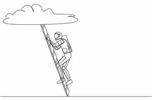 single een lijn tekening jong astronaut beklimming omhoog ladder naar wolk. ruimtevaarder carrière pad groei in ruimte industrie. kosmisch heelal ruimte concept. doorlopend lijn trek grafisch ontwerp vector illustratie