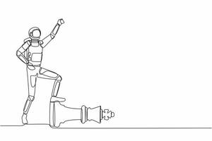 doorlopend een lijn tekening astronaut klemmen vuist omhoog en stap Aan schaak koning stuk in maan oppervlak. ruimteschip piloot zege symbool. kosmonaut buitenste ruimte. single lijn grafisch ontwerp vector illustratie