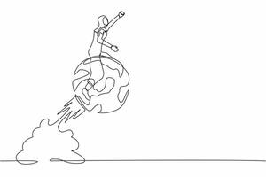 doorlopend een lijn tekening Arabisch zakenvrouw rijden gebied wereldbol raket vliegend in de lucht. globaal bedrijf, wereld economie of bedrijf kans. single lijn ontwerp vector grafisch illustratie