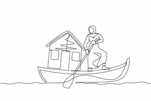single een lijn tekening Arabisch zakenvrouw staand in boot en het zeilen met huis. behuizing lening nederzetting. banken voorzien huis hypotheek termijnen. doorlopend lijn trek ontwerp vector illustratie