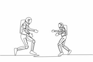 single doorlopend lijn tekening van blij weinig astronaut kind rennen naar vader ruimtevaarder voor familie knuffel. gelukkig zoon vergadering vader met liefde. kosmonaut diep ruimte. een lijn trek ontwerp vector illustratie