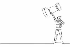 single doorlopend lijn tekening jong astronaut staand en hijs- omhoog roek schaak deel. winnen in de ruimte cruisen ras. kosmonaut diep ruimte. dynamisch een lijn trek grafisch ontwerp vector illustratie