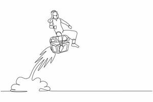 single doorlopend lijn tekening gelukkig Arabisch zakenman rijden schat borst raket vliegend in lucht. schat jacht. zoeken verborgen borst met goud, juwelen. een lijn trek ontwerp vector illustratie