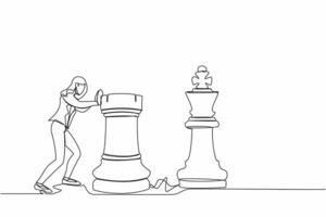 single doorlopend lijn tekening slim zakenvrouw Duwen reusachtig roek schaak stuk naar ritme koning. bedrijf strategie naar winnend markt wedstrijd. strategisch Actie. een lijn grafisch ontwerp vector illustratie