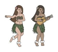 vector illustratie van een tekenfilm hawaiiaans hula danser. hula meisje met ukelele.
