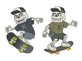 vector illustratie van een tekenfilm skelet Aan een skateboard.