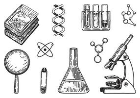 biologie chemie les school- attributen verzameling. reeks van microscoop, laboratorium bekers, leerboek, vergroten glas, formules. hand- getrokken vector illustraties cliparts geïsoleerd Aan wit.