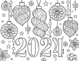 hand- tekening kleur bladzijde voor kinderen en volwassenen. vakantie groet kaart gelukkig nieuw jaar 2024, vrolijk kerstmis. mooi tekening met patronen en klein details. kinderen kleuren boek afbeeldingen. vector